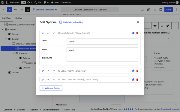 conditional block select field manual options