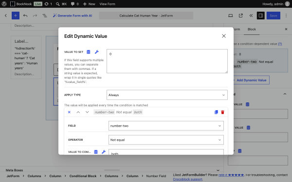 number field dynamic value settings