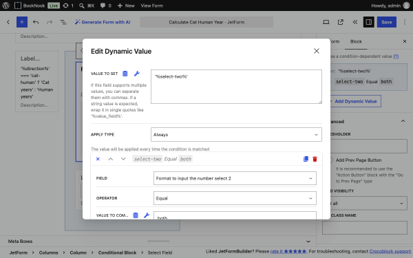 select field dynamic value settings