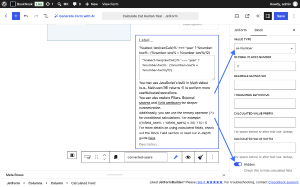 calculated field value type hidden