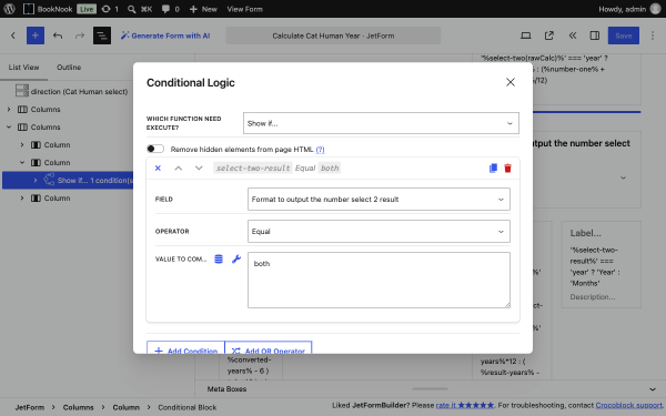 conditional block settings 2 column conditional logic