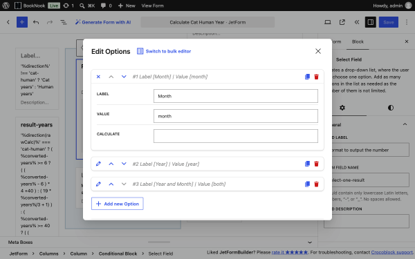 select field block manual options